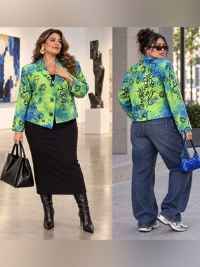 Vintage Christina Hope XL Silk Quilted Jacket Green Blue Sequin Art to Wear